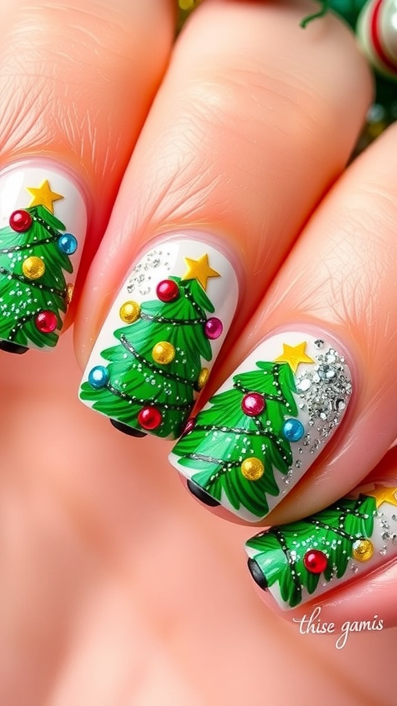 Close-up of green Christmas tree nail art with colorful decorations.
